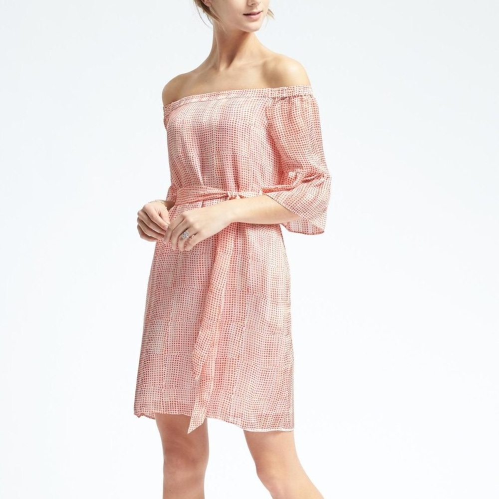 Shadow Stripe off the shoulder dress.